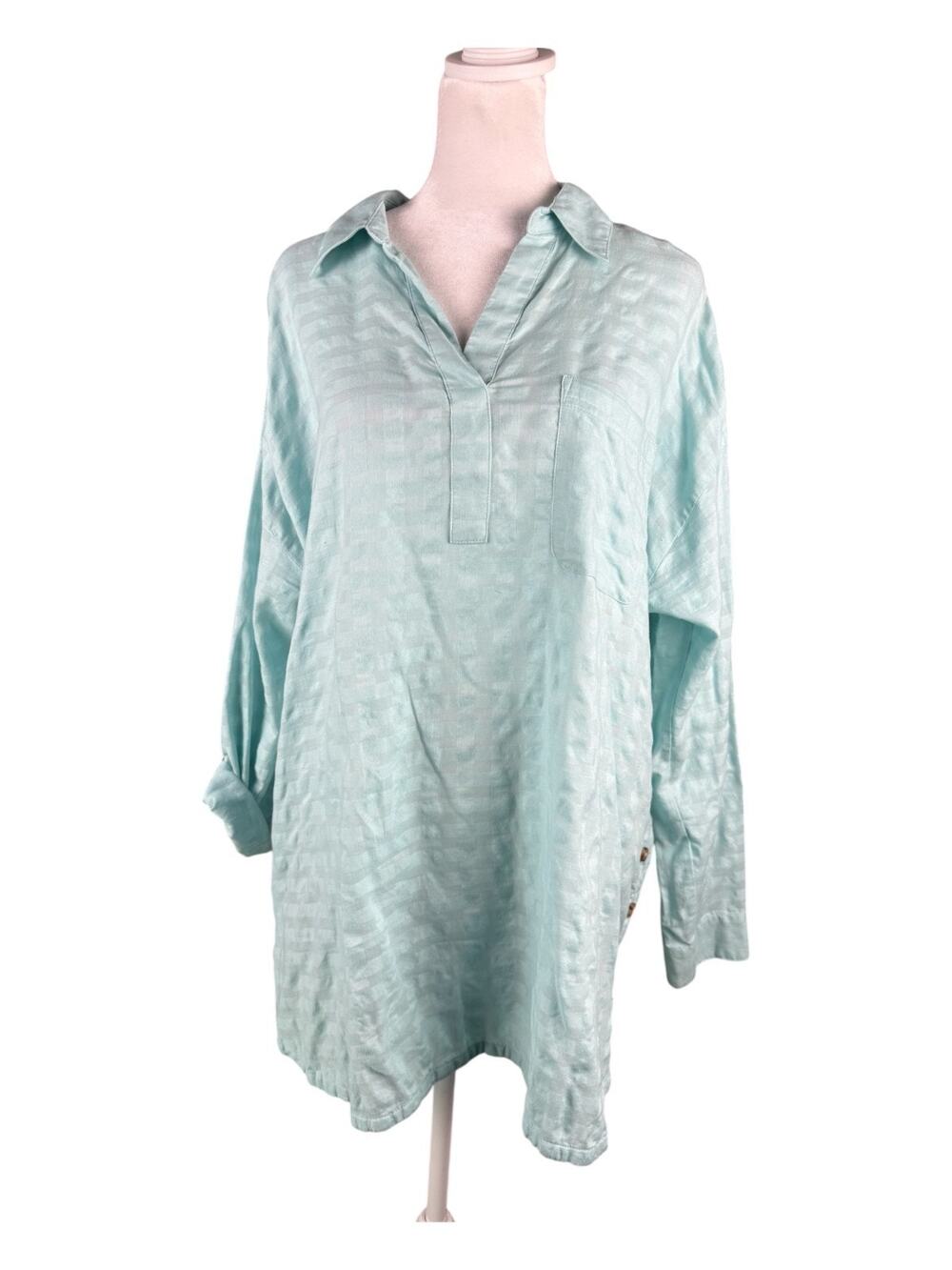 J Jill L V-neck Popover Tunic Top Roll Tab Sleeves Aqua Blue 100% Cotton Coastal